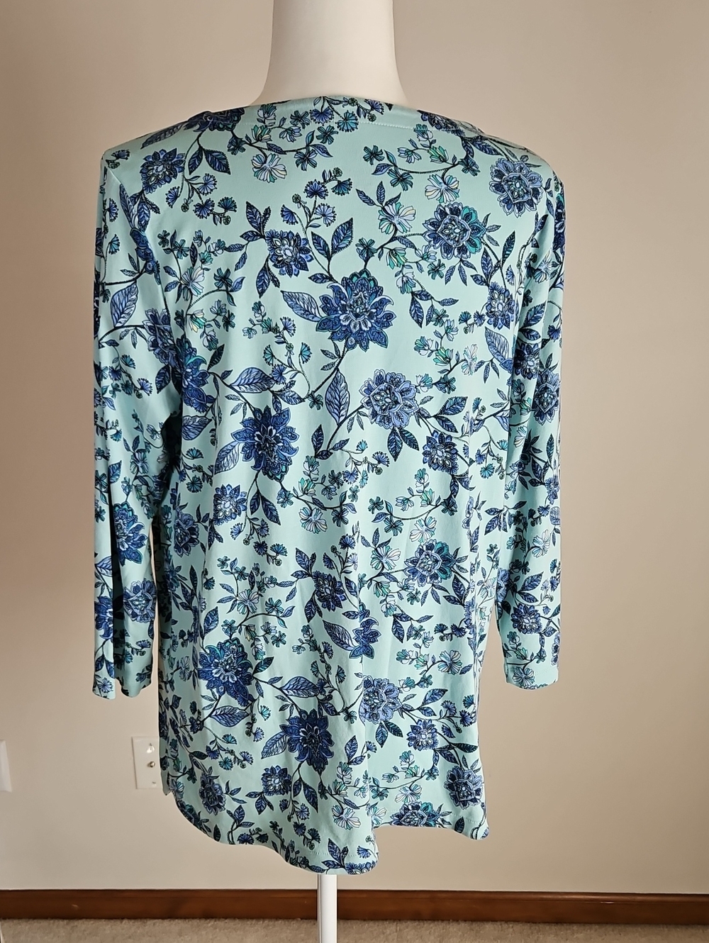 J Jill 100% Pima Cotton 3/4 Sleeve Tunic Top Blue Floral Cottage LG Feminine - Picture 3 of 9